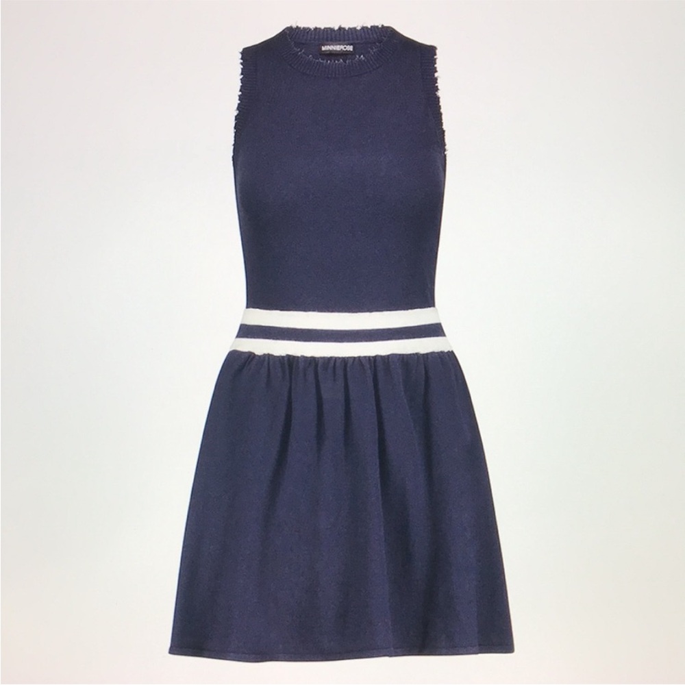 Minnie Rose Navy Blue Sleeveless Knit Mini Dress with White Waist Stripes